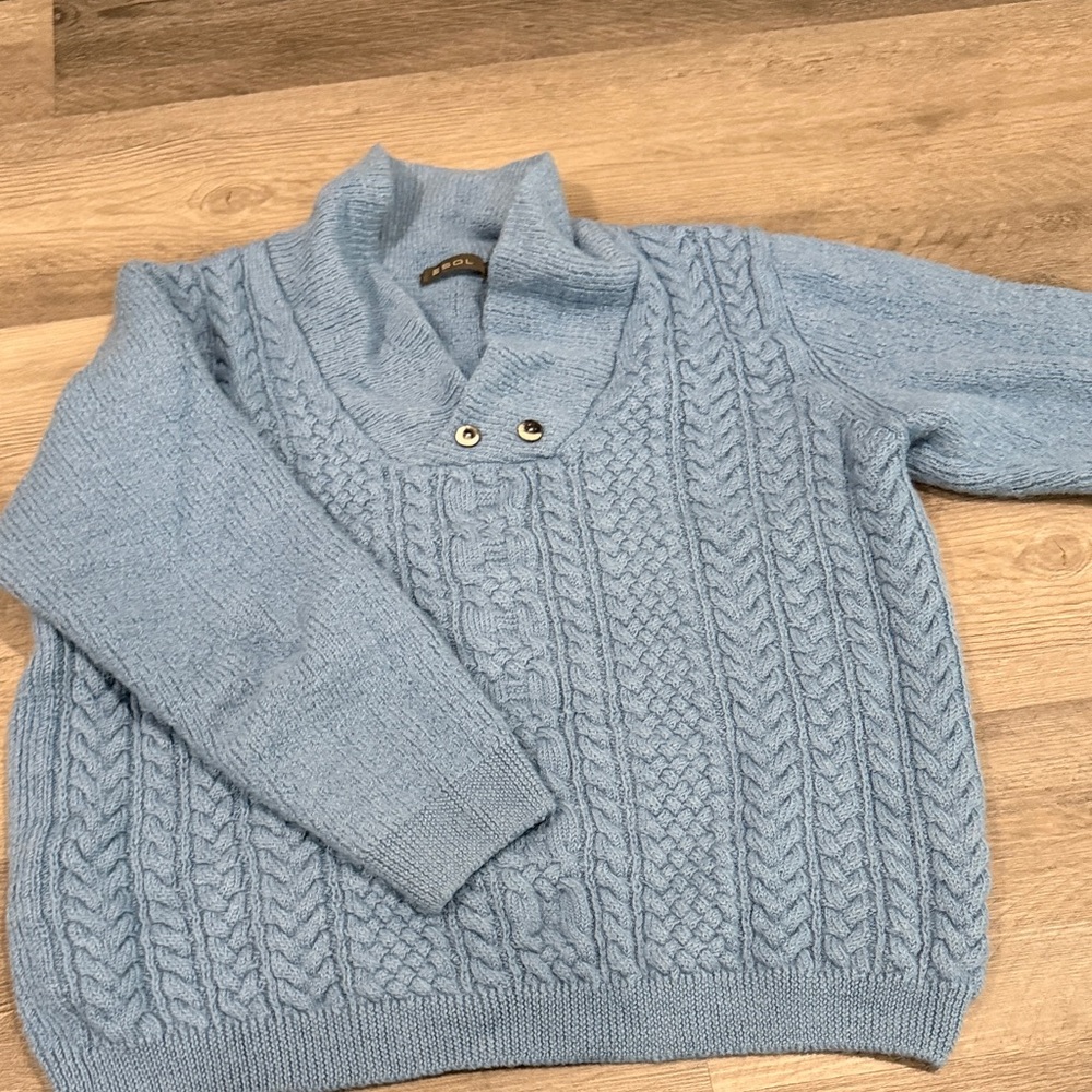 Light Blue Cable Knit Shawl Collar Sweater - sol from Peru